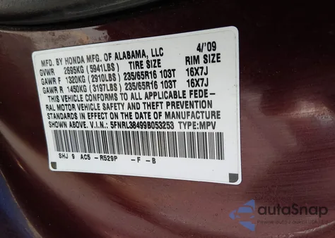 2009 Honda Odyssey Ex z USA, uszkodzony, nr VIN 5FNRL38499B053253